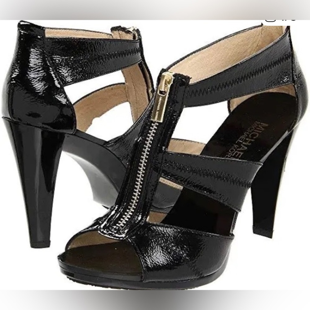 Michael Kors 10M Berkley Black Patent Leather Zip T-Strap Sandal Heels